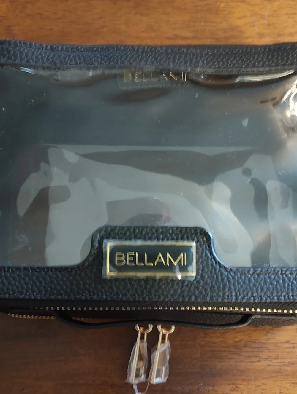 BELLAMI Black Toiletry Case with Clear Top and Gold Accents